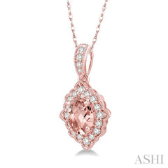 6x4 MM Ethnic Oval Cut Morganite and 1/6 Ctw Round Cut Diamond Semi-Precious Pendant in 10K Rose Gold with chain