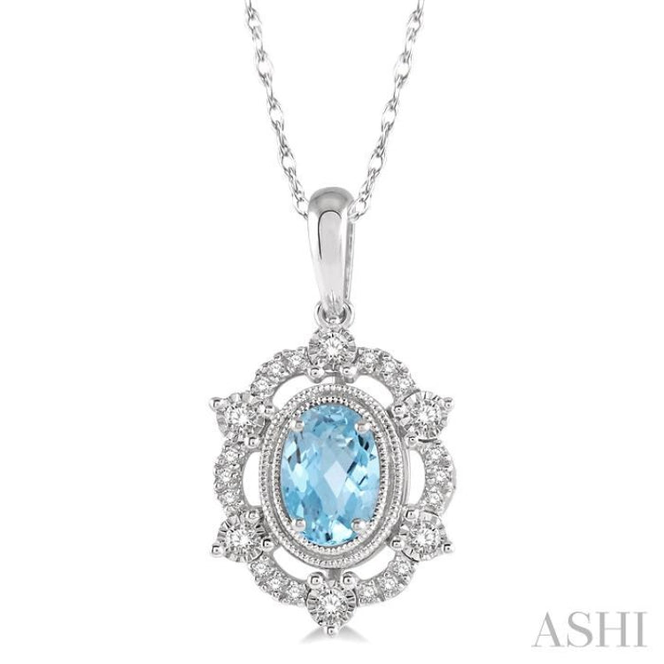 6x4 MM Oval Cut Aquamarine and 1/6 Ctw Round Cut Diamond Semi-Precious Pendant With Chain in 10K White Gold