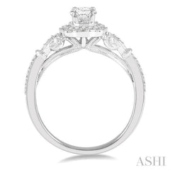 5/8 Ctw Lattice Shank Oval and Round Cut Diamond Ladies Engagement Ring with 3/8 Ct Oval Cut Center Stone in 14K White Gold