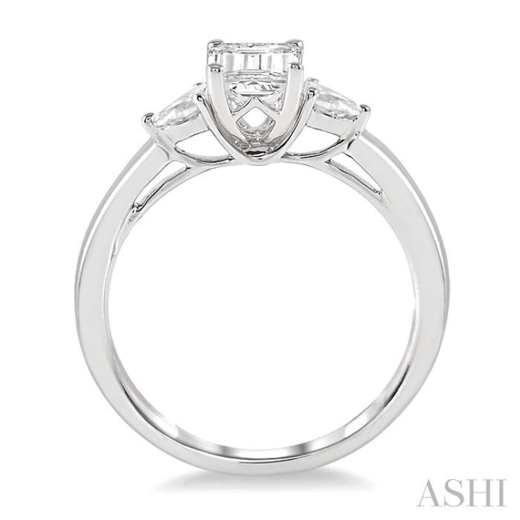 3/4 Ctw Octagon Emerald and Pear Cut Diamond Ladies Engagement Ring with 1/2 Ct Emerald Cut Center Stone in 14K White Gold