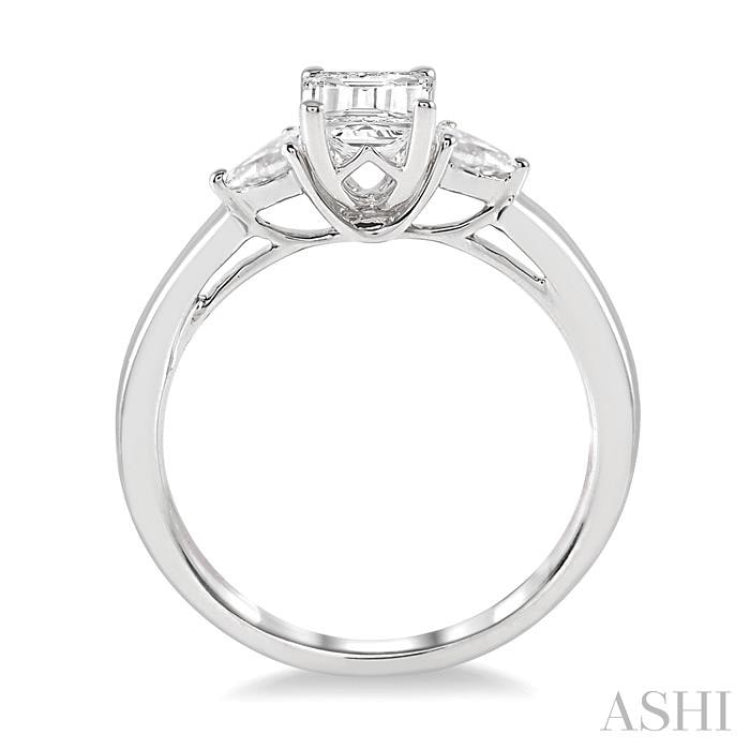1/2 Ctw Octagon Emerald and Pear Cut Diamond Ladies Engagement Ring with 1/3 Ct Emerald Cut Center Stone in 14K White Gold