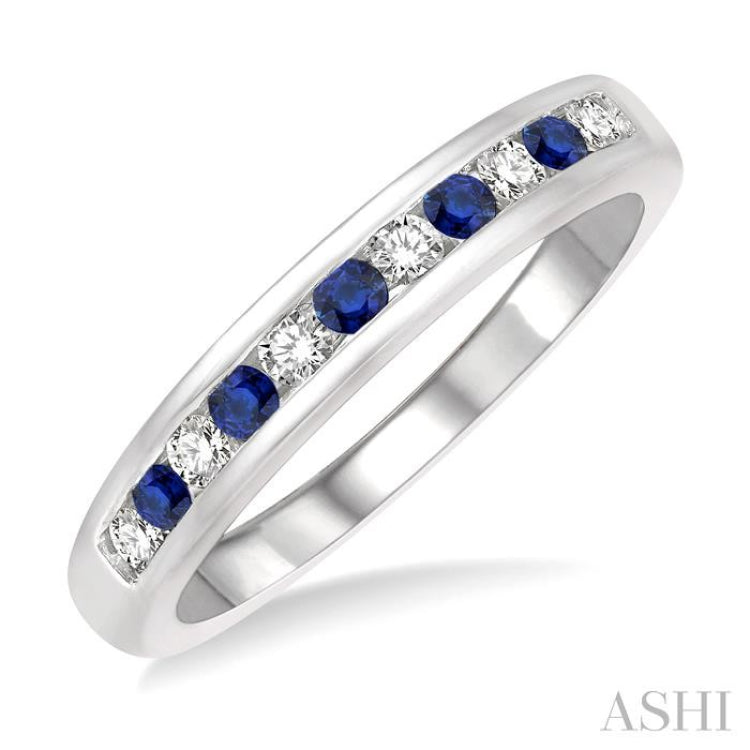 2 MM Sapphire and 1/5 Ctw Round Cut Diamond Precious Wedding Band in 14K White Gold