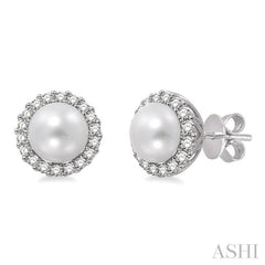 8 MM Cultured Pearls and 1/3 Ctw Round Cut Diamond Earrings in 14K White Gold