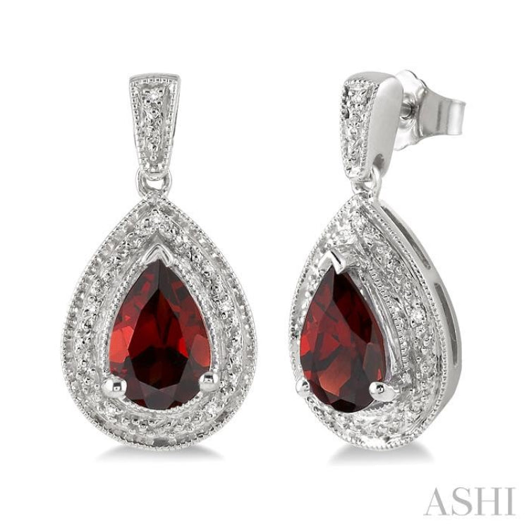9x6 MM Pear Shape Garnet and 1/20 Ctw Round Cut Diamond Earrings in Sterling Silver