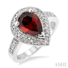10x7 MM Pear Shape Garnet and 1/20 Ctw Round Cut Diamond Ring in Sterling Silver