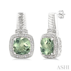 8x8 MM Cushion Shape Green Amethyst and 1/20 Ctw Round Cut Diamond Earrings in Sterling Silver