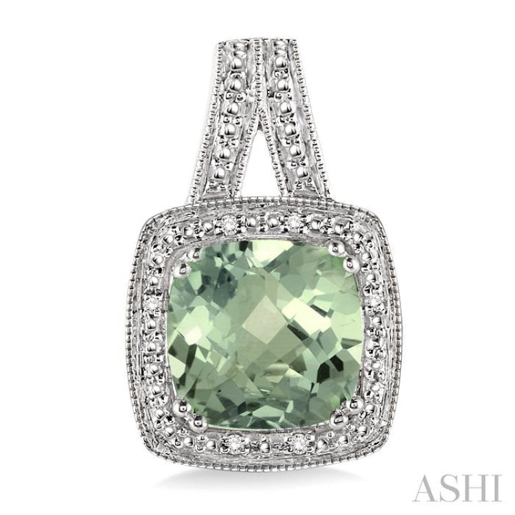 8x8 MM Cushion Shape Green Amethyst and 1/20 Ctw Round Cut Diamond Earrings in Sterling Silver
