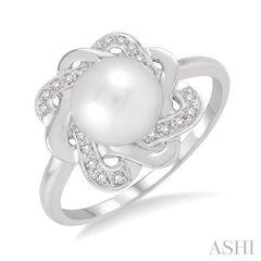 6.5 MM Round Shape Cultured Pearl and 1/10 Ctw Round Cut Diamond Ring in Sterling Silver