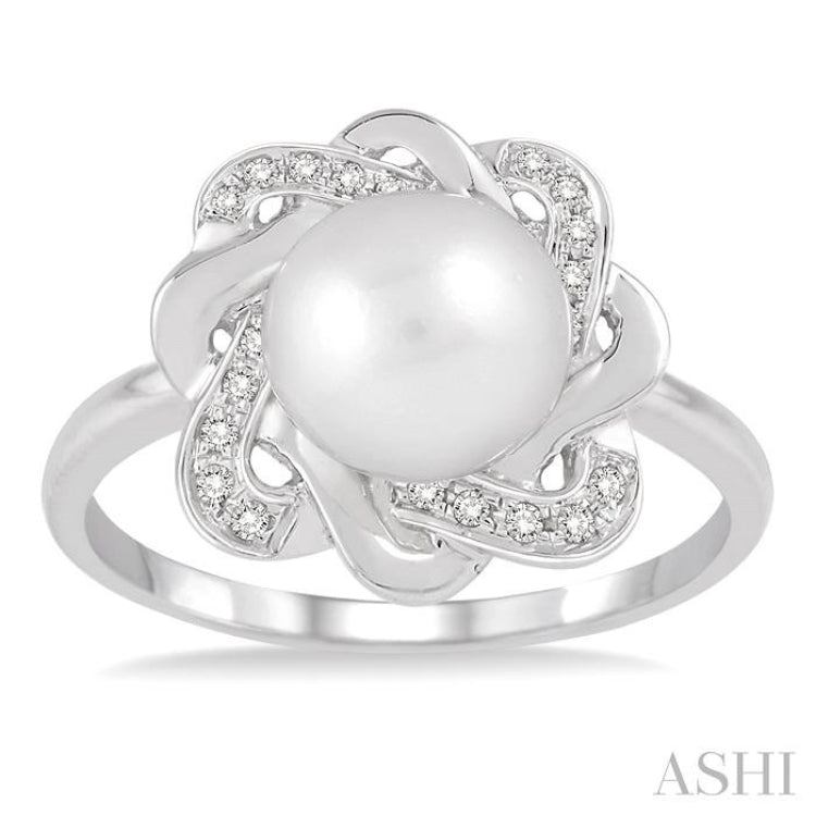 6.5 MM Round Shape Cultured Pearl and 1/10 Ctw Round Cut Diamond Ring in Sterling Silver