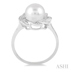 6.5 MM Round Shape Cultured Pearl and 1/10 Ctw Round Cut Diamond Ring in Sterling Silver
