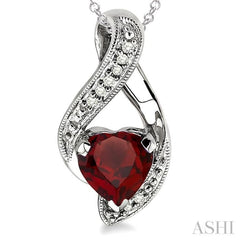 7x7 MM Heart Shape Garnet and 1/20 Ctw Round Cut Diamond Pendant in Sterling Silver with Chain