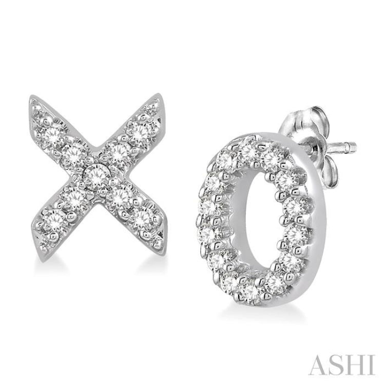1/10 Ctw 'XO' Hugs and Kisses Petite Round Cut Diamond Earrings in 10K White Gold
