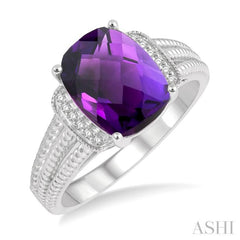 10X8 MM Cushion Shape Amethyst and 1/20 Ctw Round Cut Diamond Semi-Precious Ring in Sterling Silver