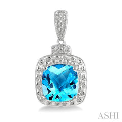 8X8 MM Cushion Shape Blue Topaz and 1/50 Ctw Round Cut Diamond Semi-Precious Earrings in Sterling Silver