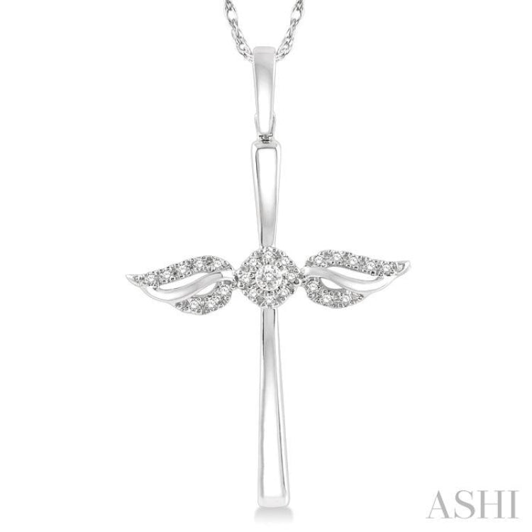 1/10 Ctw Angel Wing Round Cut Diamond Cross Petite Pendant With Chain in 10K White Gold