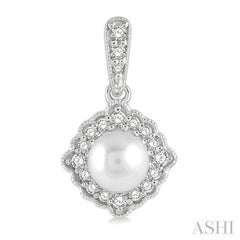 6 MM Cultured Pearl and 1/4 Ctw Round Cut Diamond Halo Earrings in 10K White Gold
