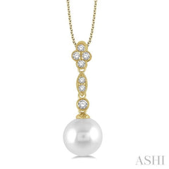 8 MM Cultured Pearl and 1/6 Ctw Floral Dangler Round Cut Diamond Pendant With Chain in 14K Yellow Gold