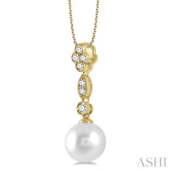 8 MM Cultured Pearl and 1/6 Ctw Floral Dangler Round Cut Diamond Pendant With Chain in 14K Yellow Gold