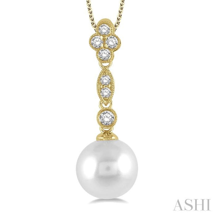 8 MM Cultured Pearl and 1/6 Ctw Floral Dangler Round Cut Diamond Pendant With Chain in 14K Yellow Gold
