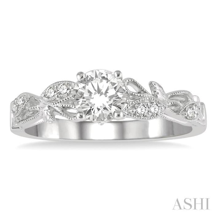 1/3 Ctw Leaf Criss Cross Shank Round Cut Diamond Engagement Ring with 1/4 Ct Round Cut Center Stone in 14K White Gold