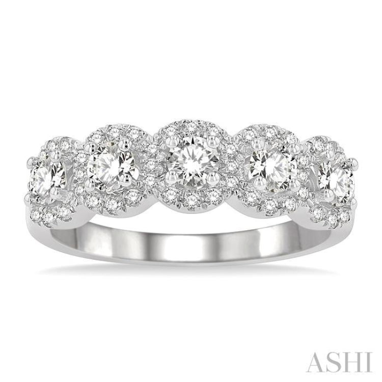 1 Ctw Circular Shape 5 Stone Round Cut Diamond Halo Wedding Band in 14K White Gold