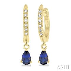 5x3 MM Pear Cut Sapphire and 1/8 Ctw Round Cut Diamond Petite Fashion Huggie Earrings in 10K Yellow Gold