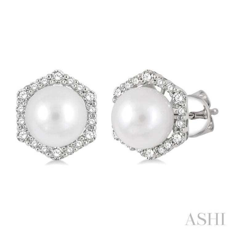 7 MM Cultured Pearls and 1/3 Ctw Hexagon Shape Round Cut Diamond Earrings in 14K White Gold