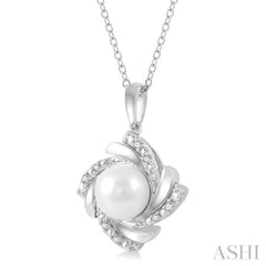 7x7 MM Round Shape Cultured Pearl and 1/50 Ctw Swirl Round Cut Diamond Pendant With Chain in Sterling Silver