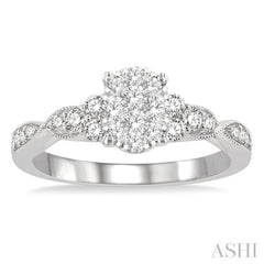 1/2 Ctw Oval Shape Center Criss Cross Carved Shank Lovebright Round Cut Diamond Engagement Ring in 14K White Gold