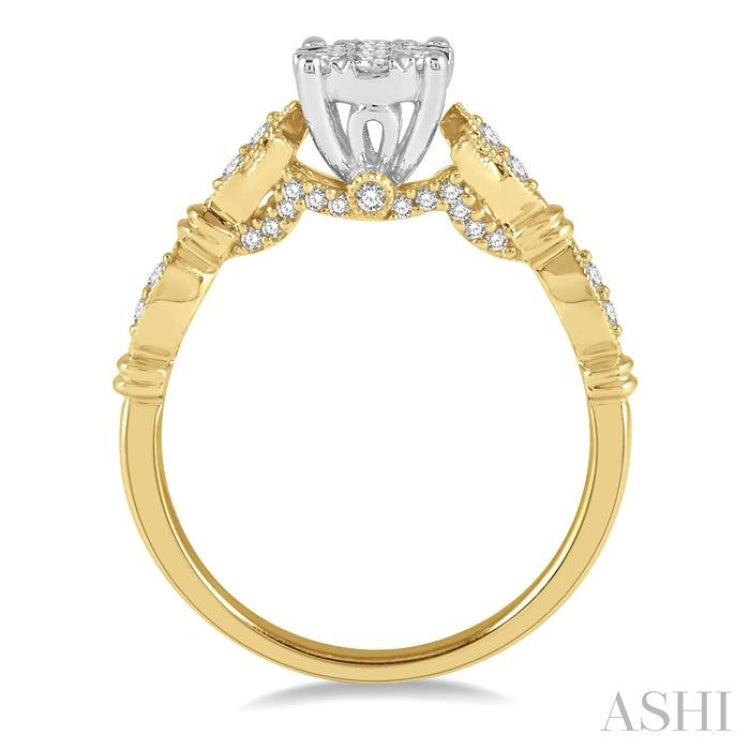 1/2 Ctw Marquise Shank Circular Mount Lovebright Round Cut Diamond Ring in 14K Yellow and White gold