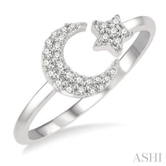 1/6 Ctw Crescent Moon and Star Round Cut Petite Diamond Fashion Ring in 10K White Gold