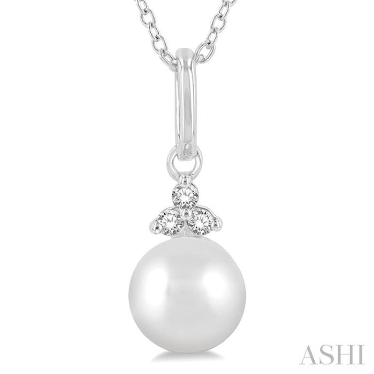 6 MM Round Shape Cultured Pearl and 1/50 Ctw Round Cut Diamond Petite Fashion Pendant With Chain in 10K White Gold