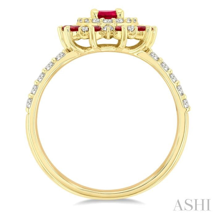 6X4 MM Oval Shape & 1.5 MM Round Cut Ruby and 3/8 Ctw Round Cut Diamond Floral Precious Ring in 14K Yellow Gold