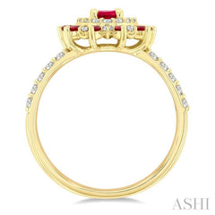 6X4 MM Oval Shape & 1.5 MM Round Cut Ruby and 3/8 Ctw Round Cut Diamond Floral Precious Ring in 14K Yellow Gold