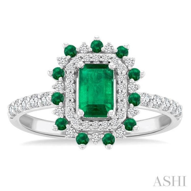 6X4 MM Emerald Shape & 1.5 MM Round Cut Emerald and 1/3 Ctw Round Cut Diamond Floral Precious Ring in 14K White Gold