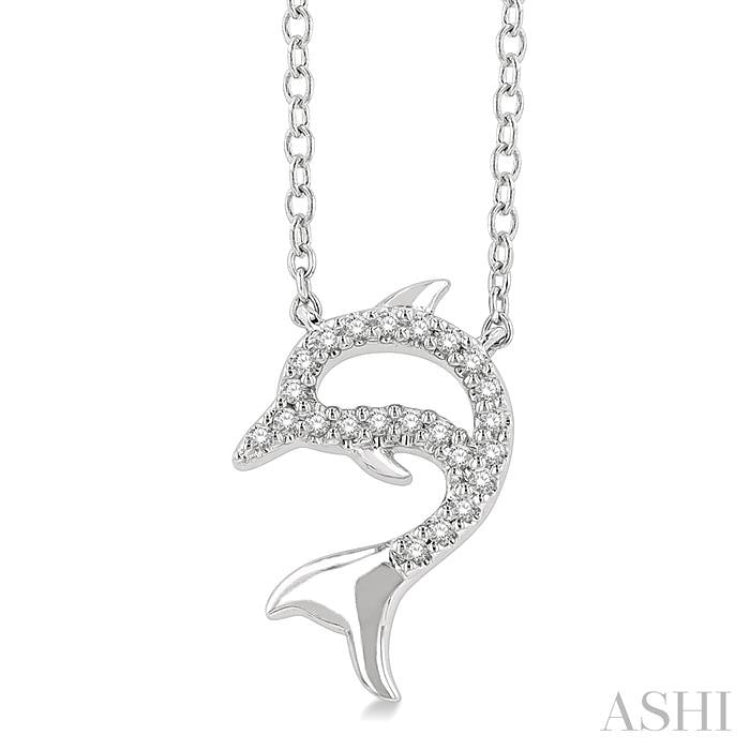 1/20 Ctw Petite Sea Life Dolphin Round Cut Diamond Fashion Pendant With Chain in 10K White Gold