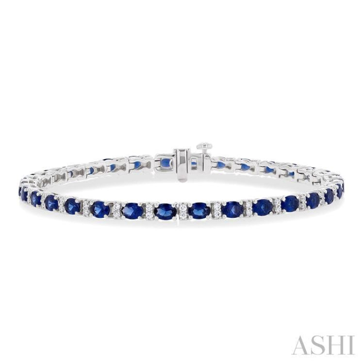 4X3 MM Oval Cut Sapphire and 1/3 Ctw Round Cut Diamond Precious Bracelet in 14K White Gold