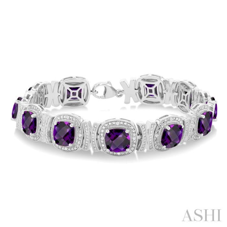 7X7 MM Cushion Shape Amethyst and 1/10 Ctw Round Cut Diamond Semi-Precious Bracelet in Sterling Silver