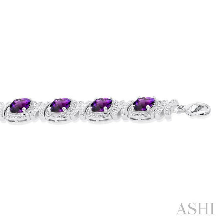 7X7 MM Cushion Shape Amethyst and 1/10 Ctw Round Cut Diamond Semi-Precious Bracelet in Sterling Silver