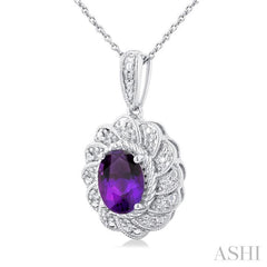 8X6 MM Oval Cut Amethyst and 1/20 Ctw Round Cut Diamond Semi-Precious Pendant With Chain in Sterling Silver