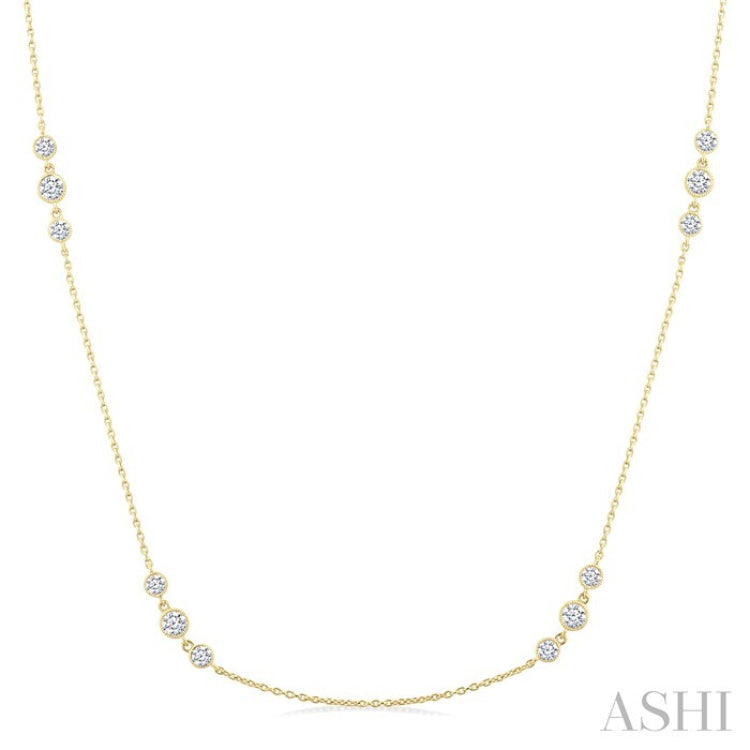 1 Ctw Three Stone Bezel Set Round Cut Diamond Station Necklace in 14K Yellow Gold