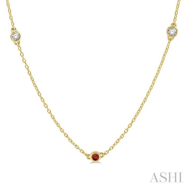 2.6 MM Ruby and 3/8 Ctw Round Cut Diamond Precious Station Necklace in 14K Yellow Gold