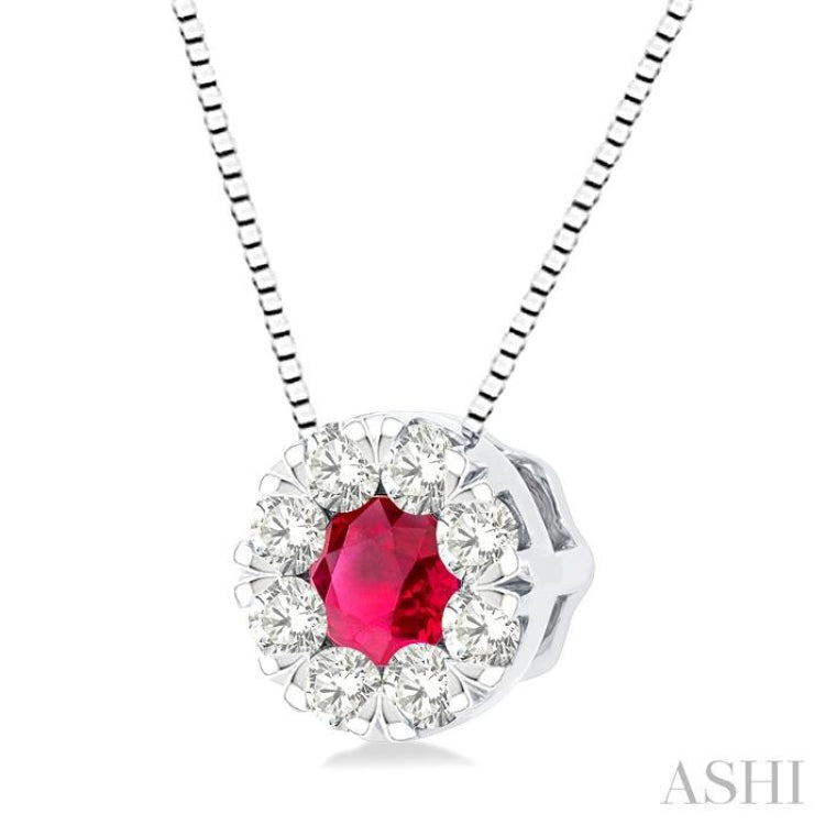 3.8 MM Ruby and 1/3 Ctw Round Cut Lovebright Diamond Precious Pendant With Chain in 14K White Gold