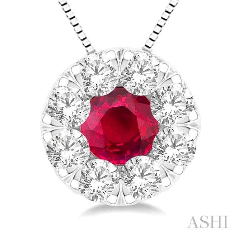 3.8 MM Ruby and 1/3 Ctw Round Cut Lovebright Diamond Precious Pendant With Chain in 14K White Gold