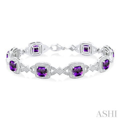 7X7 MM Cushion Shape Amethyst and 1/10 Ctw Round Cut Diamond Semi-Precious Bracelet in Sterling Silver