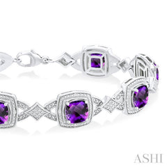 7X7 MM Cushion Shape Amethyst and 1/10 Ctw Round Cut Diamond Semi-Precious Bracelet in Sterling Silver