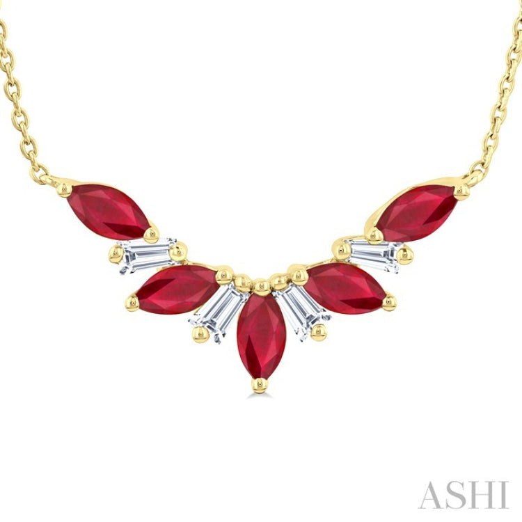 5x2.5 MM Marquise Cut Ruby and 1/6 Ctw Baguette Cut Diamond Precious Gemstone Necklace in 14K Yellow Gold