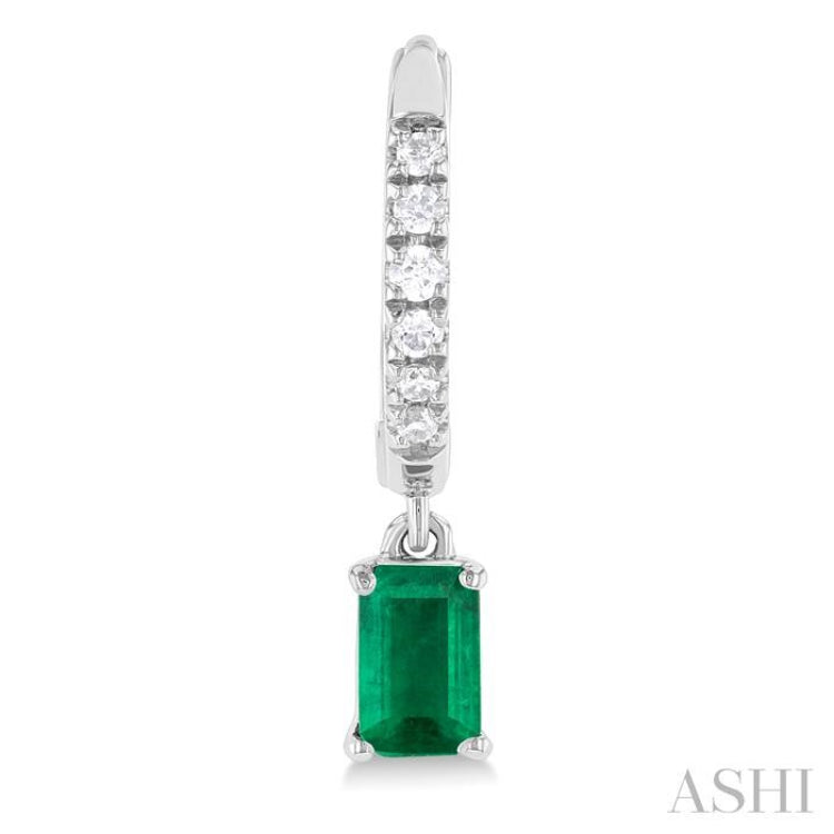 5x3 MM Emerald Cut Emerald and 1/8 Ctw Round Cut Diamond Precious Petite Fashion Huggies in 10K White Gold