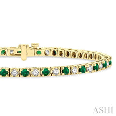 2.5 MM Emerald and 1 1/2 Ctw Round Cut Diamond Square Box Link Precious Tennis Bracelet in 14K Yellow Gold