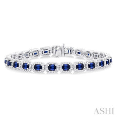 4X3 MM Emerald Cut Sapphire and 2 1/5 Ctw Round Cut Diamond Halo Precious Bracelet in 14K White Gold